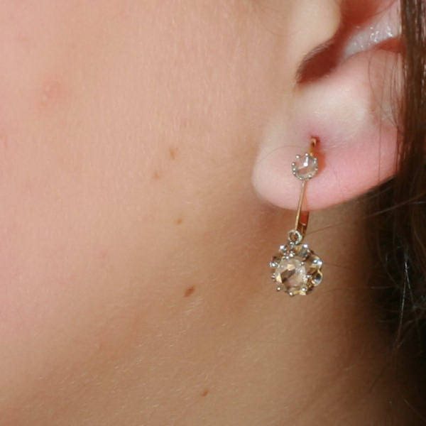 Dangling estate earrings with rose cut diamonds in 18K two-tone gold